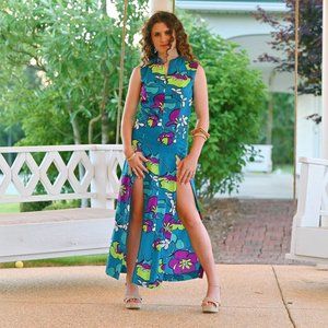 Vintage 60s Ti'a Oversized Floral Neon Barkcloth Hawaiian Maxi Dress S